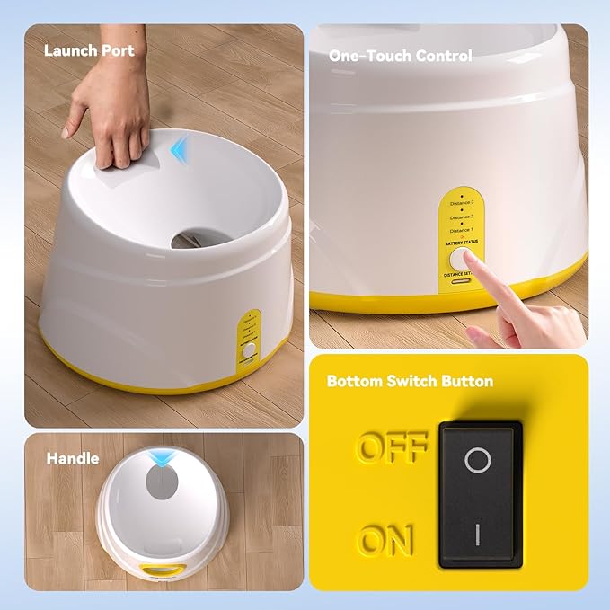 HETOO Automatic Ball Launcher for Dogs: Ball Launcher for Dogs - Automatic Tennis Ball Thrower for Dogs, with 6 Balls- Interactive Dog Toys - Small/Medium Sized Launcher- Yellow