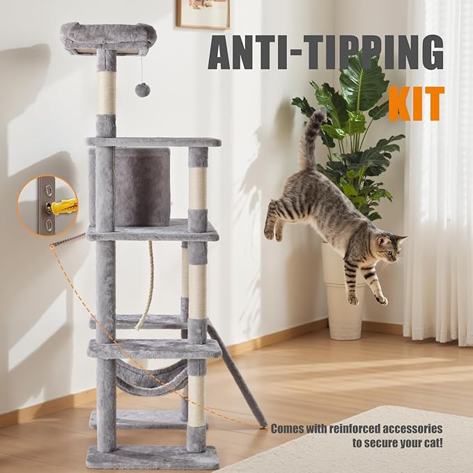 Sweetcrispy 63 inch Cat Tree Tower, Large Multi Level Cat Climbing Tower with Condo, Natural Sisal Scratching Posts, Extended Platform, Hammock, Pet House for Indoor Cats and Kittens Play, Grey