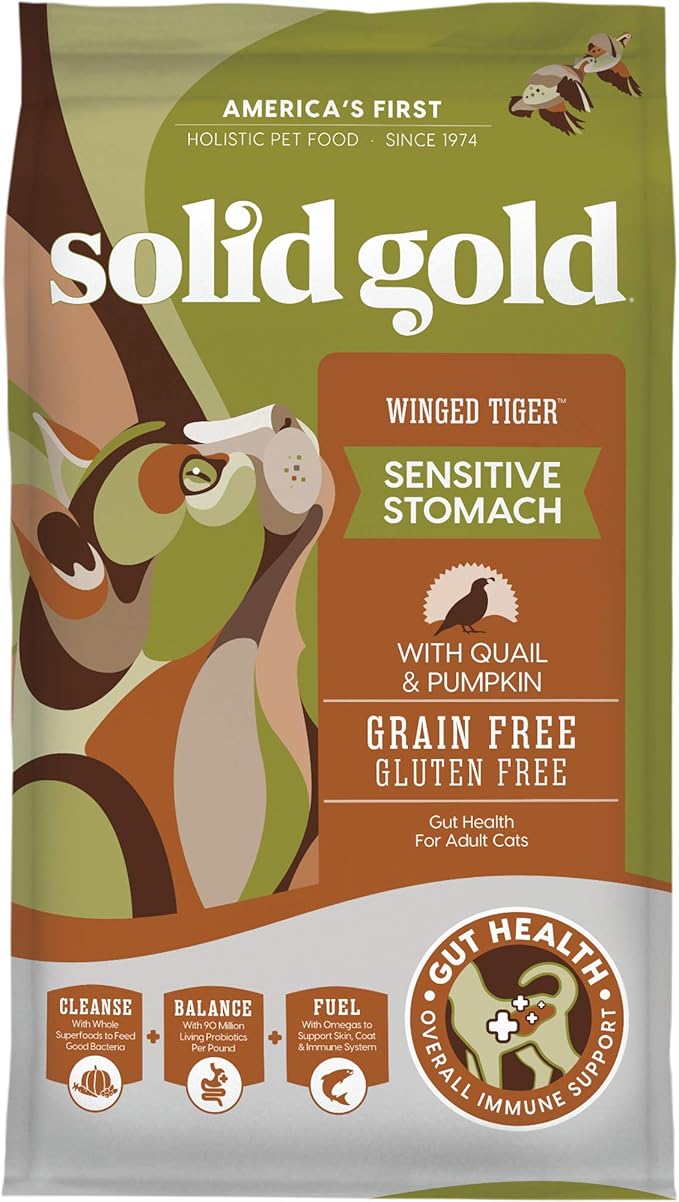 Solid Gold Sensitive Stomach Dry Cat Food - Grain Free Gluten Free Sensitive Stomach Cat Food for Indoor Adult/Senior Cats - Dry Kibble for Cats w/Quail - Probiotics for Gut Health - 6lb