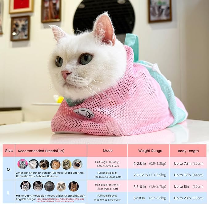 Cinf Cat Bathing Bag, Breathable Mesh Anti Scratch Adjustable Cat Grooming Bag for Nail Trimming, Bathing Soft Cat Washing Bag(Spring) M