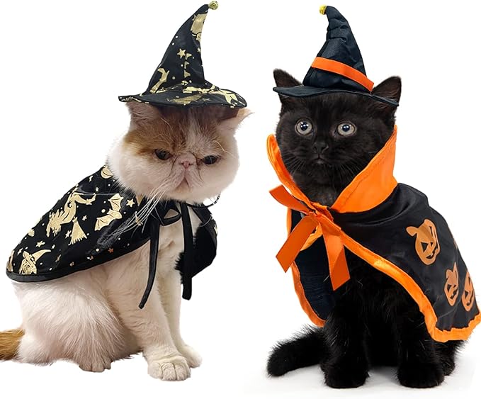 4Pcs Halloween Cat Costumes Wizard Hat Cape Pumpkin Bat Halloween Cosplay Party Cape for Cats Puppy Dogs