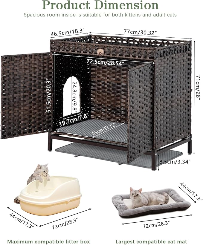 Cat Litter Box Enclosure Furniture, Hidden Handwoven Rattan Litter Box with Mat, Large Cat House with Metal Heightened Feet, 30.3 x 18.3 x 28 Inches, Indoor for Living Room, Bedroom Brown