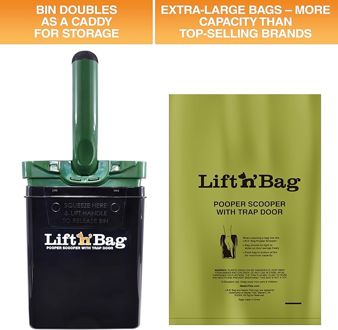 Neater Pet Brands Lift N’ Bag 2.0 Dog Pooper Scooper with Bag Attachment for Small to Large Dogs, New & Improved Design, 15 Refill Bags, Heavy Duty Dog Poop Scooper for Yard & Walks, One-Hand Use