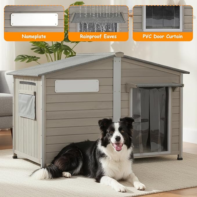 55"L Dog House Outdoor for Large Breed, XL Extra Dog House with Window Weatherproof Pet Shelter with Openable Asphalt Roof, Anti-Chewing Frame, Removable Floor,10 Support Feet for Medium to Large Dogs