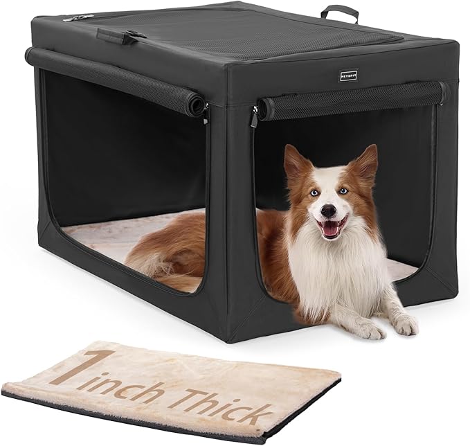 PETSFIT Portable Dog Crate for Medium Large Dogs, – 36" Soft Dog Travel Crates with Lockable Zippers & Thicken Mat, Adjustable Patented Spiral Steel Frame, Collapsible Kennel for Indoor & Outdoor