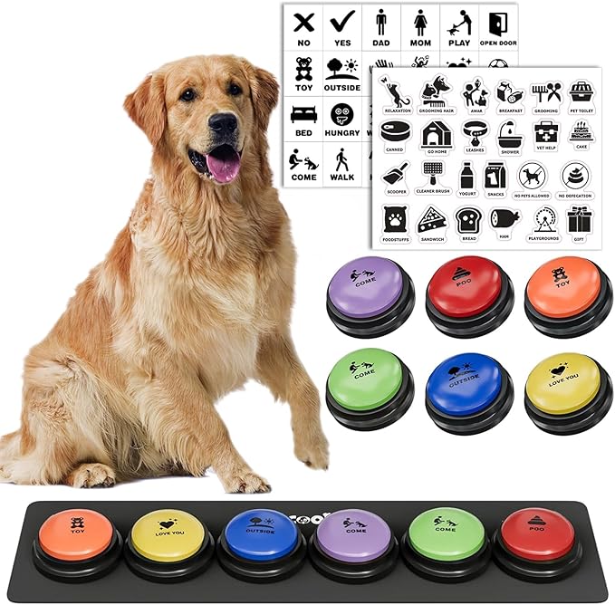 6 Piece Dog Talk Buttons, Dog Buttons for Communication with Non-Slip Mat, 30s Recordable Voice Commands To Train Pet, Dog Talking Buttons Starter Set with 48 Scene Stickers Suitable for Easy Training
