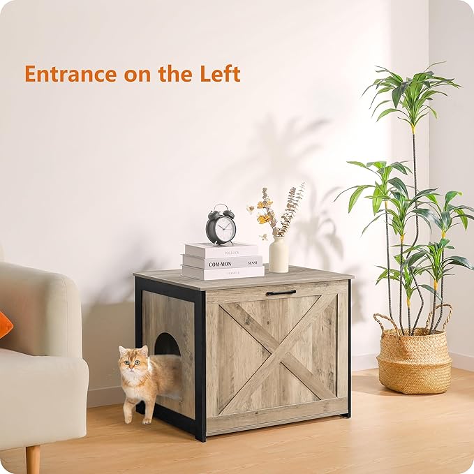 Dwanton Cat Litter Box Furniture Hidden, Cat Litter Box Enclosure, Reversible Entrance Can Be on Left or Right Side, Indoor Cabinet, Wooden Washroom, End Table, Nightstand, Greige, 27.6" L