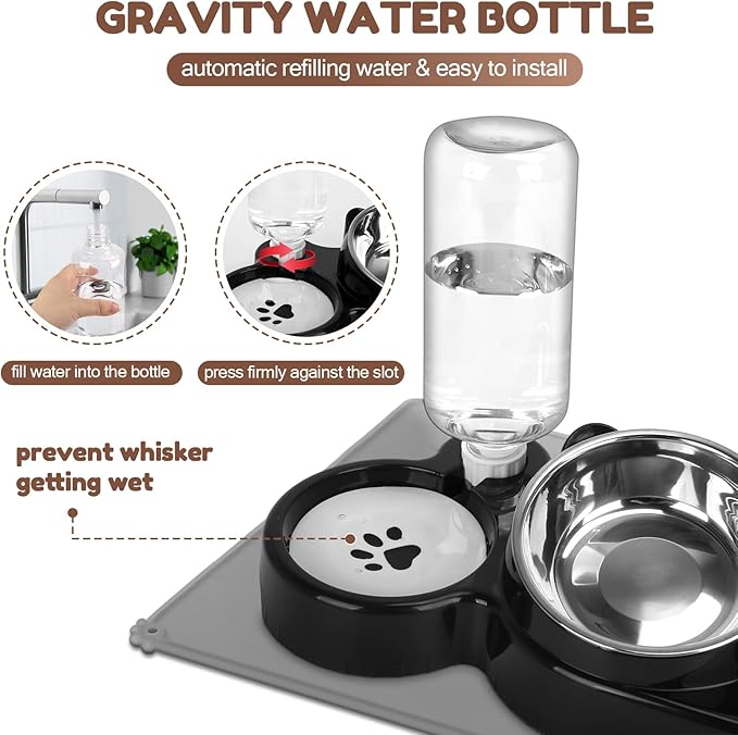 Cat Food and Water Bowl Set, Stainless Steel Raised Cat Bowls with Automatic Water Bottle & Waterproof Mat for Cats/Puppies, 3 in 1 Pet Feeding Station for Wet/Dry Food, Black