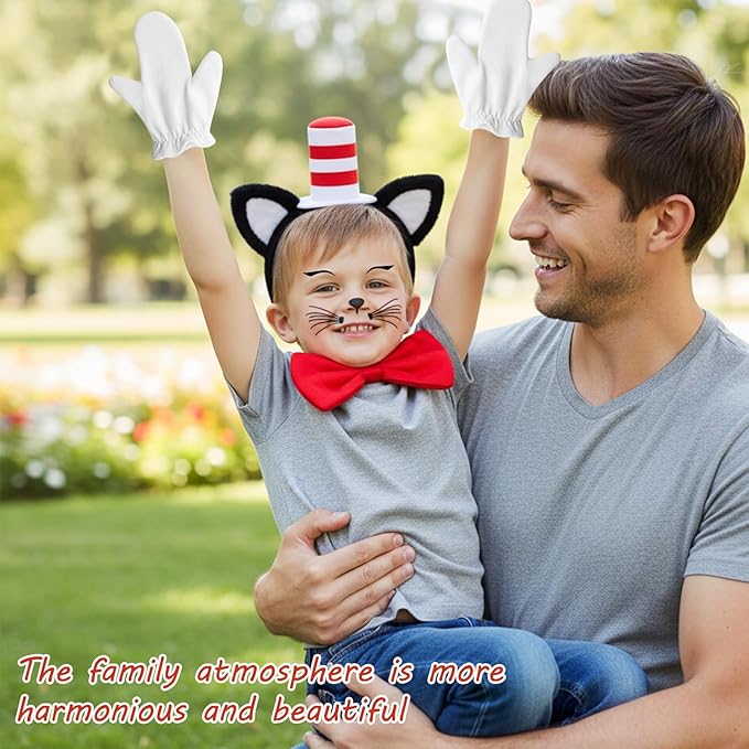 Cat Ears Headband and Bow Tie Set, Red and White Hat Cat Ears Hairband, Cat Hat Costume Accessories for Cosplay, Halloween, Theme Party, Includes Headband, Gloves, Bow Tie, Face Stickers