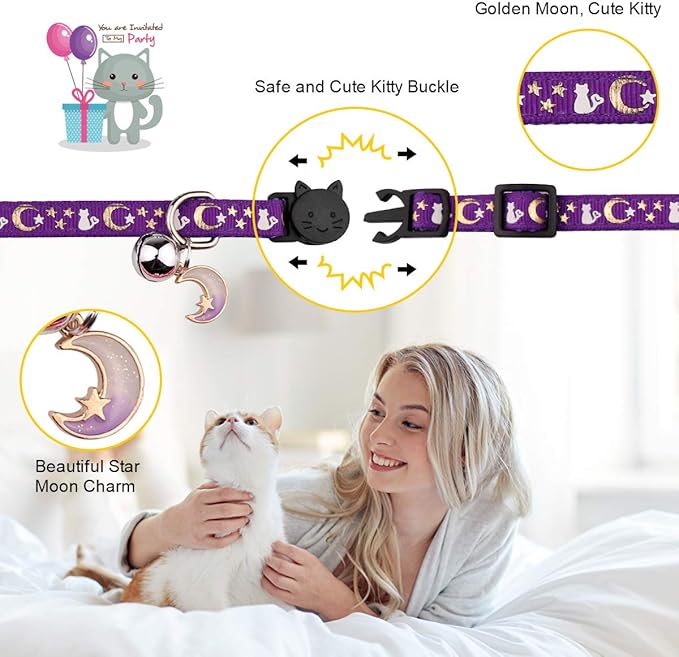 Baeuppit 2PCS Breakaway Cat Collars with Bell Moons Stars Cute Kitty Adjustable Safe Kitten Collars with Pendant Glow in The Dark(Purple&Pink)