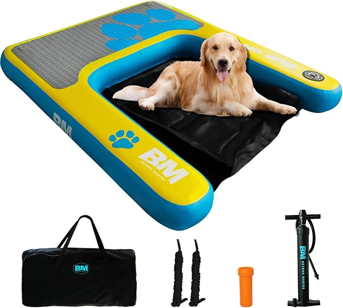 Beyond Marina Dog Pool Ramp - PUP ON! Inflatable Dog Water & Boat Ramp for Lake & Dock, Floating Pontoon Dock Ladder with Non-Slip EVA Platform, Extra Large 5 ft x 4 ft, Blue/Yellow, Supports 230 lbs