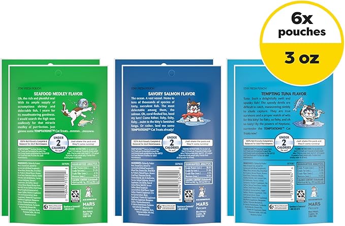 Temptations Cat Treats Classic Crunchy and Soft Seafood Lovers Variety Pack,3 oz. Pouches,(Pack of 12)