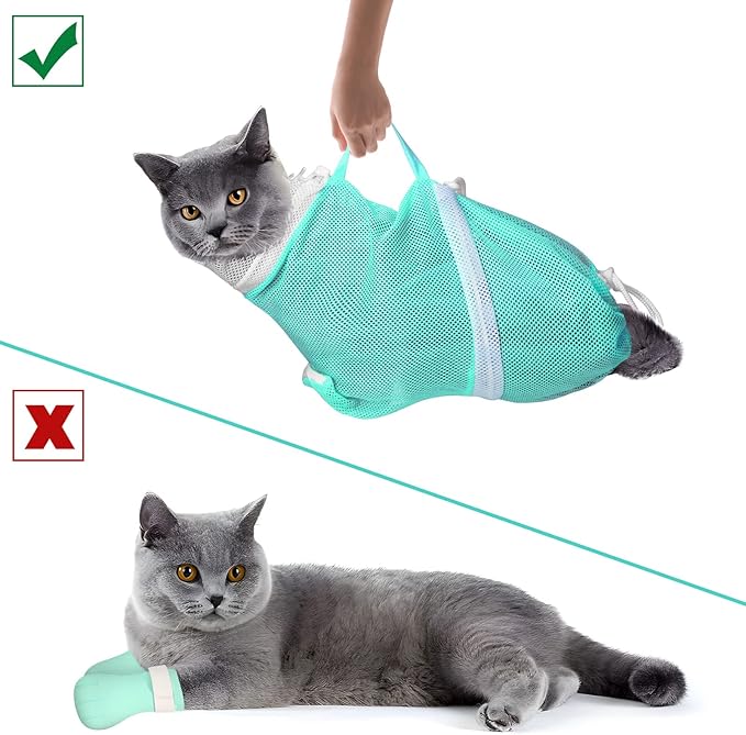 JULMELON Cat Washing Bag 10 PCS Set, Adjustable Cat Shower Net Bag and Pet Grooming Brush with Nail Clipper Nail File Hair Combs Tick Tool Nail Caps for Bathing Nail Trimming Examination(Pink+Green)