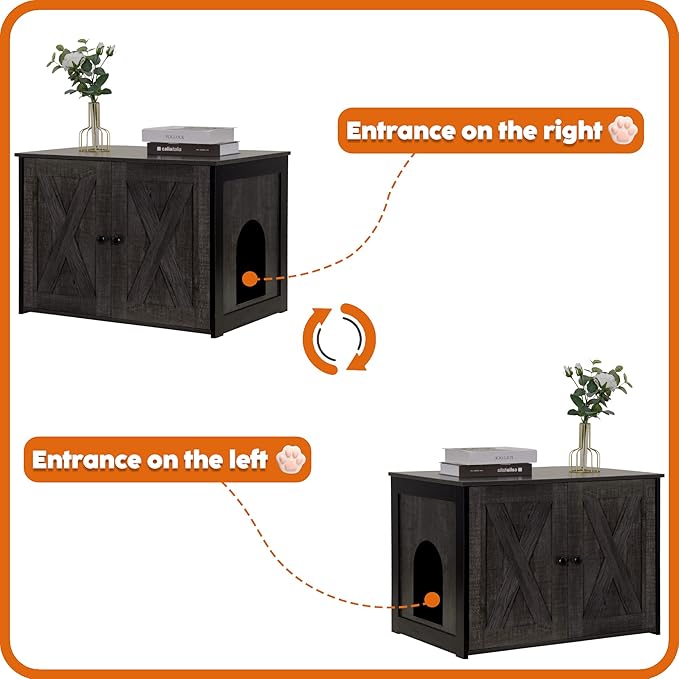 Dwanton Litter Box Enclosure, Cat Litter Box Furniture Hidden, Reversible Entrance Can Be on Left or Right Side, Wooden Cat Washroom Indoor, Dark Gray, 27.6 Inches