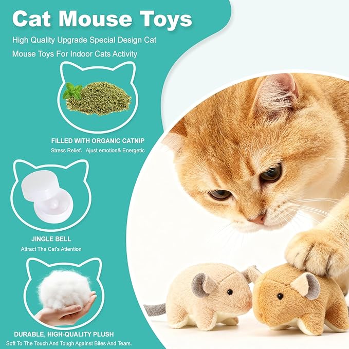 Plush Catnip Mice Toys with Rattle Sound- 2 Pcs Interactive Cat Toys for Indoor Cats, Durable Stress Relief Eco-Friendly Small Mouse Chew Playthings（with Catnip Bag