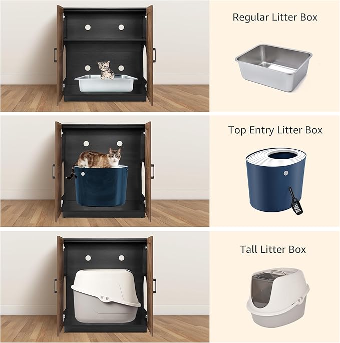 unipaws Cat Litter Box Enclosure Furniture with Storage Shelf, Tall Hidden Litter Box Cover for Tall or Top Entry Litter Box, Kitty Enclosed Cabinet, Cat Box with Odor Control, Walnut and Black
