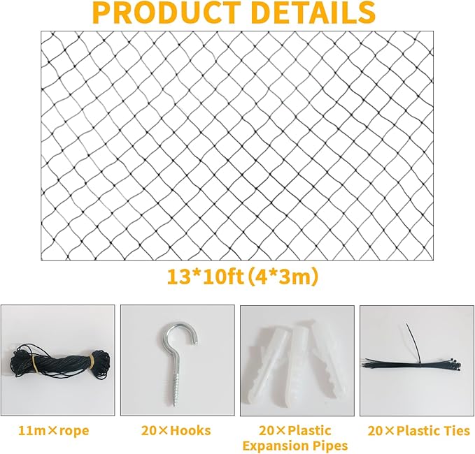 10x13ft Cat Netting Balcony, Steel Wire Reinforced Balcony Screen for Pets - Heavy Duty Cat Balcony Protection Net, Anti-Fall Safety Mesh for Windows, Patio, Stairs & Apartment Balcony