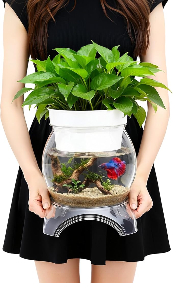 Geelin 0.5 Gallon Plastic Aquaponic Betta Fish Tank Aquaponic with Base and Top, Small Bowl Shatterproof Ecosystem Aquarium with Clear Clarity for Terrarium, Flower Vase Betta Fish Centerpiece Gifts