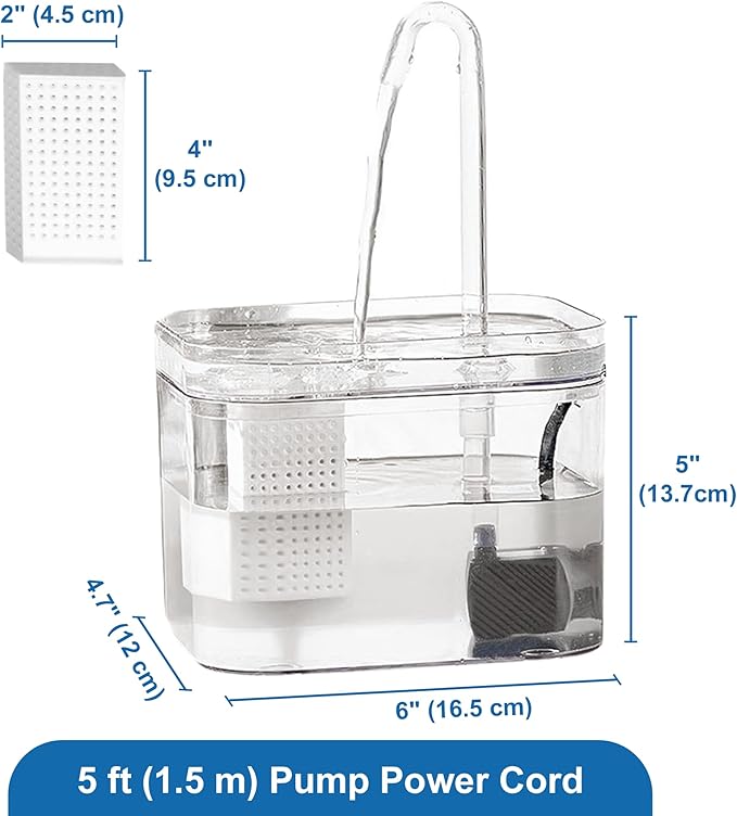 SunGrow Cat Water Fountain, Automatic Flowing Hydration Station with Filter & Silent USB Pump, Easy-to-Use Transparent Feeder Bowl for Indoor Felines, Ferrets, and Other Small Animals,6" x 5" x 5"