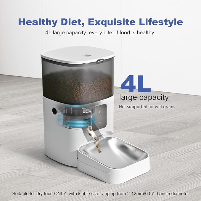Automatic Cat Feeder, 4L Food Dispenser with 10s Voice Recorder, Pet Feeder up to 10 Meals per Day, Timed Cat Feeder with Dry Food Sealed Ring