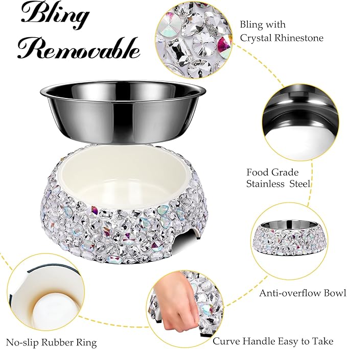 SlowVibes Bling Stainless Steel Dog Bowls,12oz Detachable Big Diamond Metal Food Water Bowl for Feeding Dogs Cats,Rust Resistant Non-Slip Puppy Dish,Sparkle Essentials for Small Medium Large Girl Pets