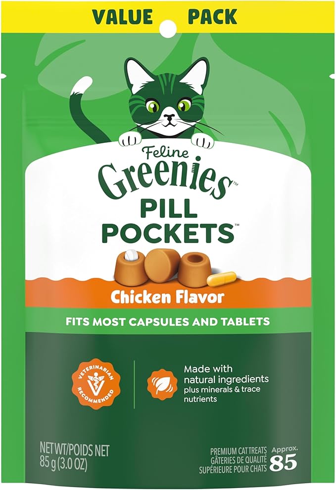 Greenies Feline Pill Pockets for Cats Natural Soft Cat Treats, Chicken Flavor, 3 oz. Pouch (85 Treats)