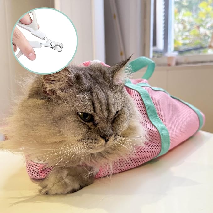 Cinf Cat Bathing Bag(Free Muzzle) Breathable Mesh Anti Scratch Adjustable Cat Grooming Bag for Nail Trimming, Bathing Soft Cat Washing Bag(Spring) L