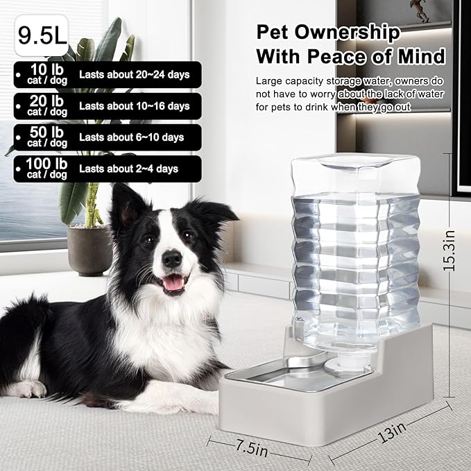 RIZZARI Stainless Steel Pet Water Feeder: 10L Gravity Leak-Proof Waterer - Auto Refill - Anti-Tip Base - No Power Needed - Easy Clean -with Filter - for 40-60 LB Dogs - Garage Kitchen Use