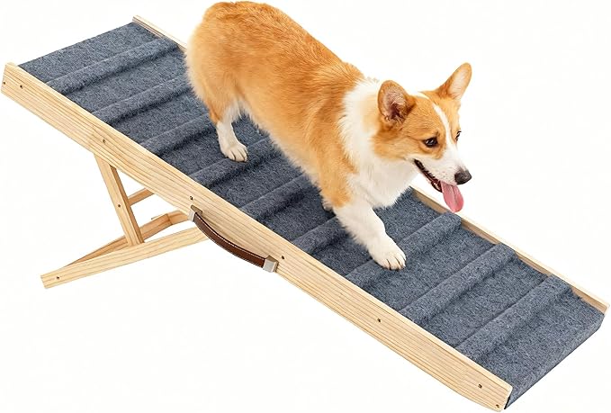 Dog Ramp for Bed, 51.2" Long Wooden Pet Ramp for Small & Large Dogs, 5 Adjustable Heights 14.2" to 28" with Anti-Slip Carpet & Carrying Handle Holds, Portable Dog ramps for Car, Bed, Couch, Outdoor