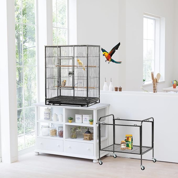 VINGLI Bird Cage with Wheels, Durable Wrought Iron Parakeet Cage with Slide Out Tray, Black Bird Cages for Parakeets/Lovebird/Cockatiels/Budgies and Other Small/Medium Birds (Large-53 inch)
