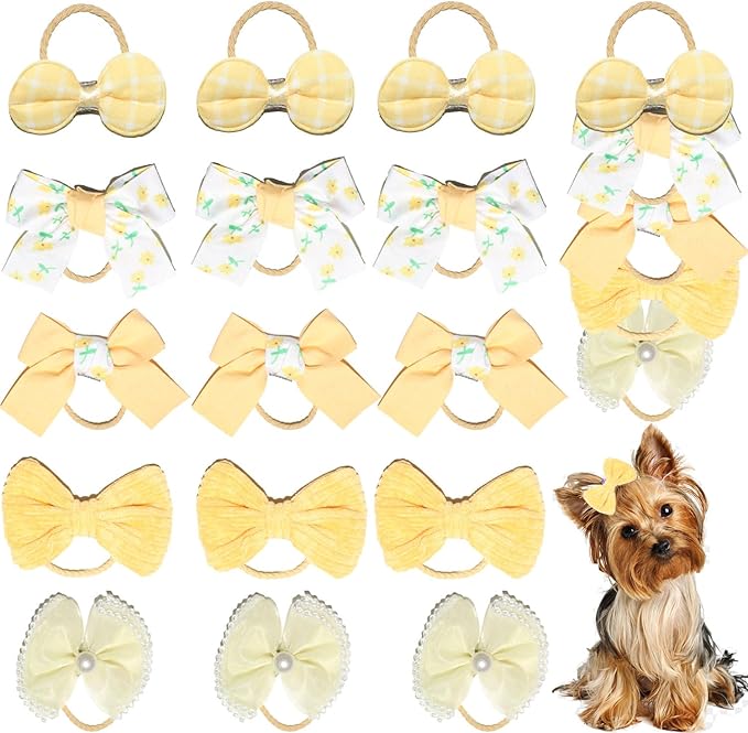 20pcs Yellow Small Dog Hair Bows, Handmade Mix Style Bowknot Top Knot for Yorkie Holiday Daily Grooming