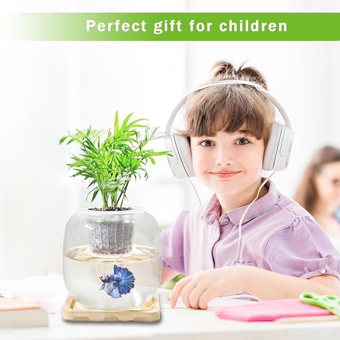 Fish Bowl Glass Small Betta Fish Tank with Bamboo Stand, Plant Propagation Station Hydroponic Terrarium with Lid Small Aquarium 0.6 Gallon