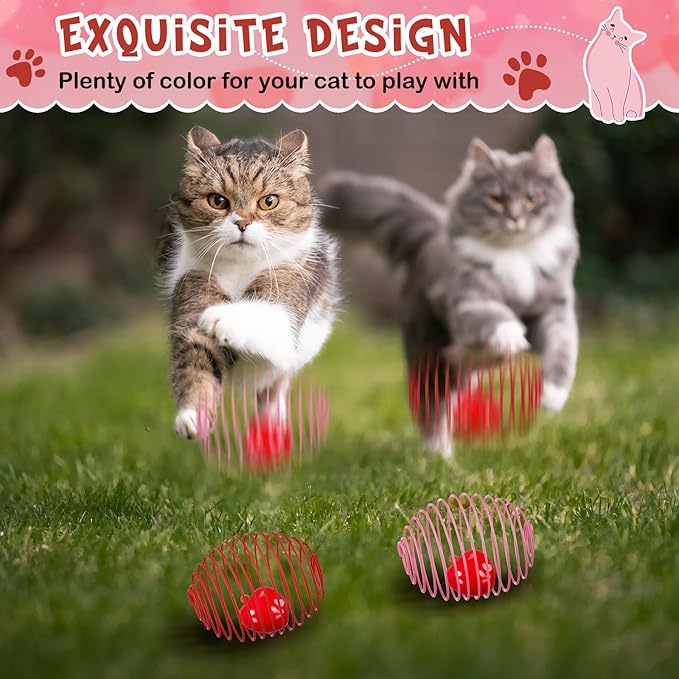 Jecery 5 Pcs Cat Spring Balls Toys Stretchable Rolling Balls Colorful Playful Coils Interactive Action Toy Caged Rats for Kitten Pet Supplies (Heart Bel,Pink Red)