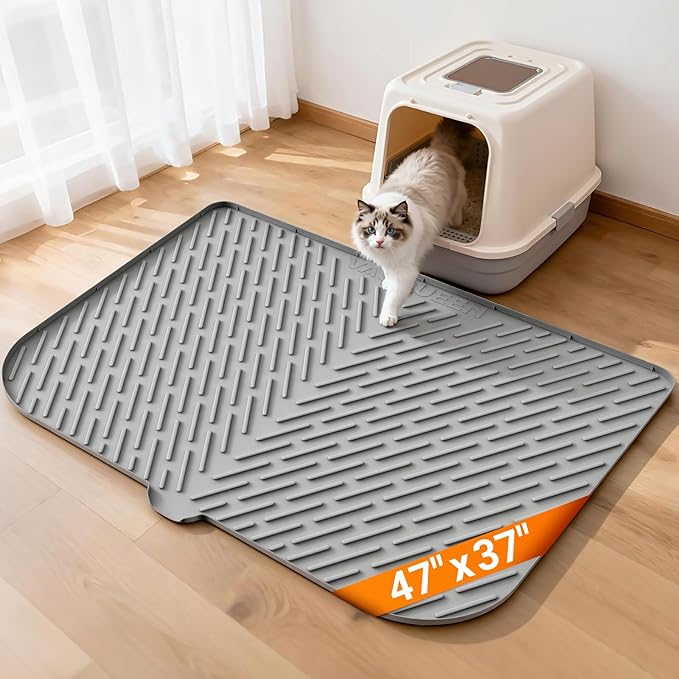 Cat Litter Box Mat, 47" x 37" Extra Large Cat Litter Mat, Silicone Waterproof Litter Trapping Mat for Scatter Control Soft on Kitty Paws Non-Slip Easy to Clean（Grey)