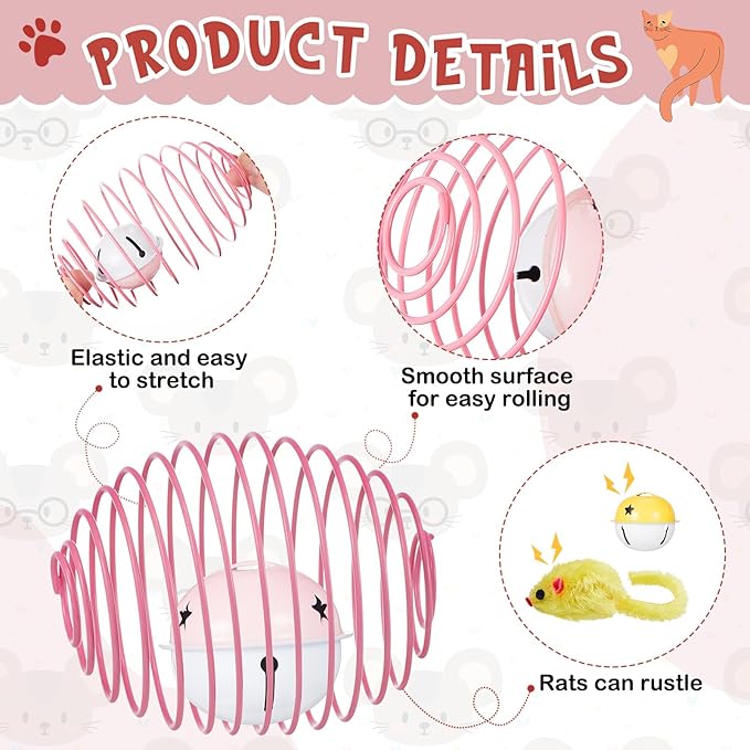 Jecery Cat Spring Balls Toys Stretchable Rolling Balls Colorful Playful Coils Interactive Action Toy Caged Rats for Kitten Pet Supplies (Mouse and Bell,Multicolor,5 Pcs)