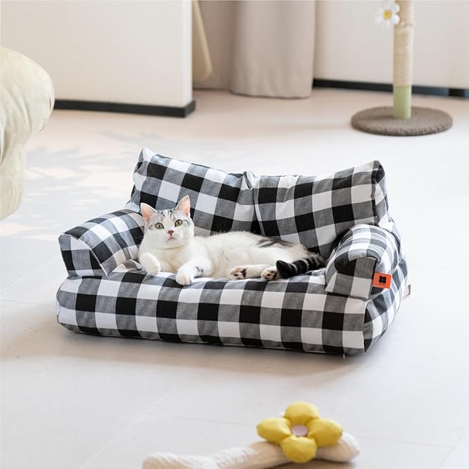MEWOOFUN Pet Sofa Bed for Medium Pets, Cat Couch With 261913 Inch Removable Washable Cover, Nonskid Bottom Puppy Couch up to 25 lbs (Black & White)
