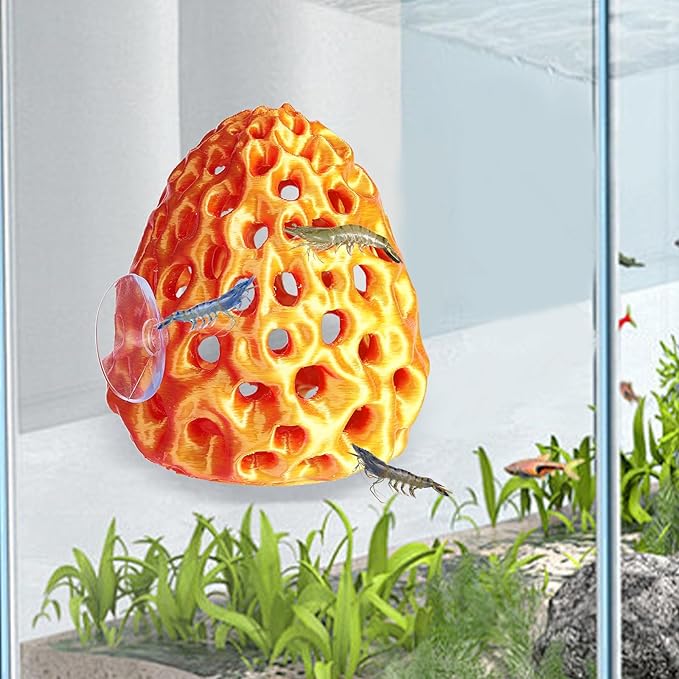 Shrimp Dome Hide, Shrimp Hides for Aquarium, Betta Fish Hideout with Suction Cup, Betta Habitat Tank Ornament Accessories, Aquarium Decor for Small Fish Guppy Hiding Resting (Gold Red)