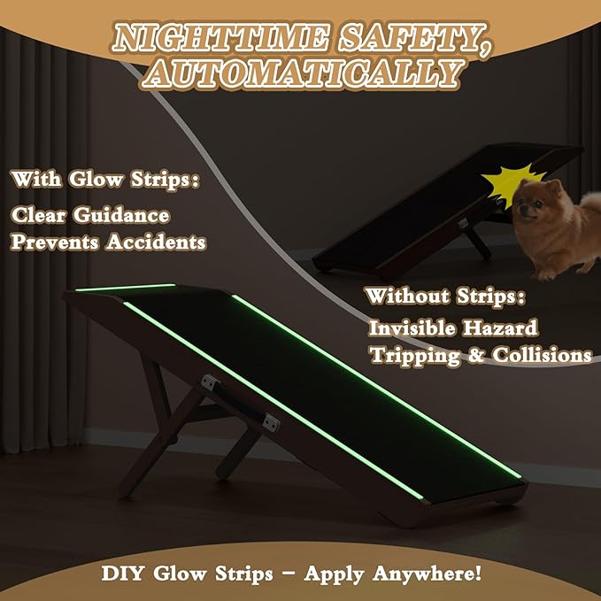 Dog Ramp for Couch - 4-Level Adjustable (8.6"-20.9") & Wider Foldable Pet Ramp for Small Dogs, Non-Slip EVA Mat with Glow Strips, Solid Birchwood Supports 200Lbs