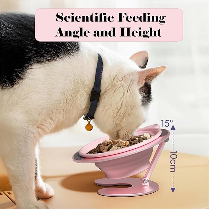 Collapsible Elevated Cat Dog Food Bowl, Portable Raised Pet Food Water Dish with Collapsible Stand, Adjustable Tilted Food Feeder for Pets, Whisker Friendly Cat Feeding Watering Dish for Travelling