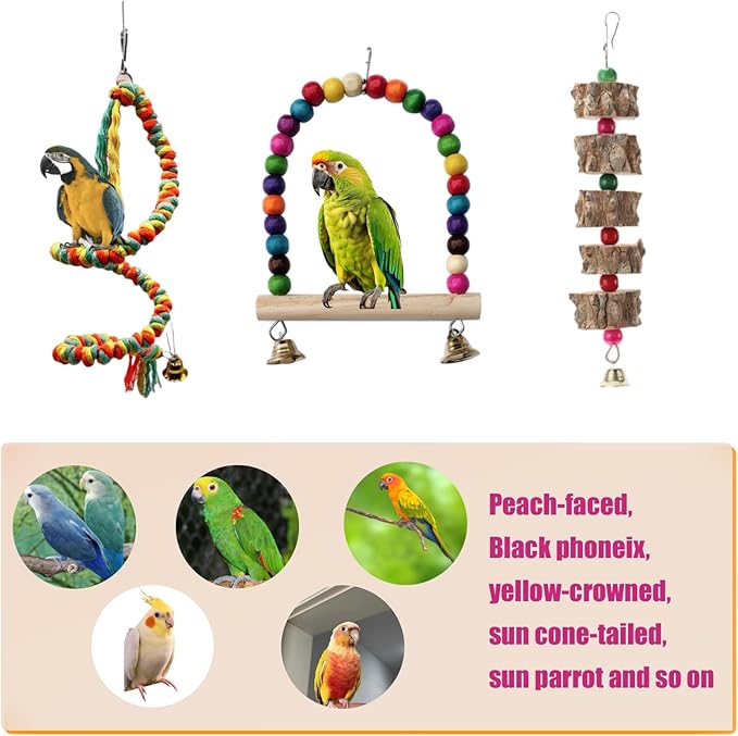 9Pcs Bird Toys for Parakeet, Cockatiel, Finches, Budgerigar, Mynah, Love Birds, Small Parrots, Parrot Cage Stand Accessories