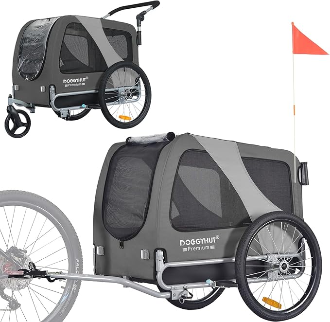 DOGGYHUT® Premium Large/XL Pet Bike Trailer & Stroller for Large Sized Dog or Multiple Small Dogs,Low Center of Gravity,Parking Brakes,Easy Folding Frame,Bicycle Carrier