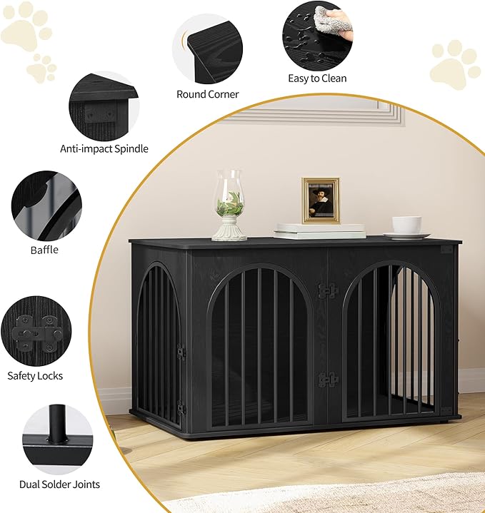 39.4" Wooden Dog Crate Furniture, Indoor Dog Kennel Dogs Cage for Small/Medium/Large Dogs, Heavy Duty Dog Crates Decorative Pet House End Side Table TV Stand, Black DFC84104B