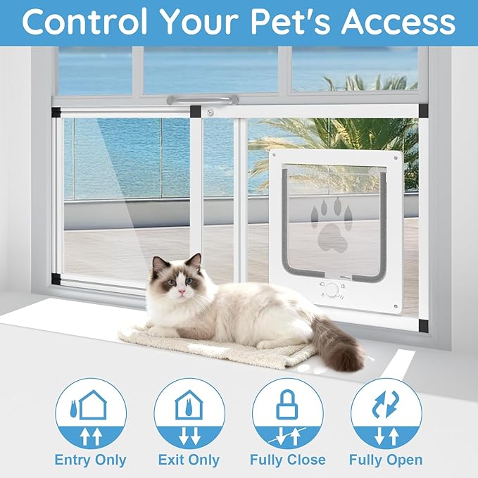 Sliding Cat Door for Window, Fits 22"-28.5" Width Window, 2-Min Install | Aluminum Frame + HD Glass | Weatherproof Design | Magnetic Closure Window Cat Door Insert, Adjustable Pet Door Window for Cats
