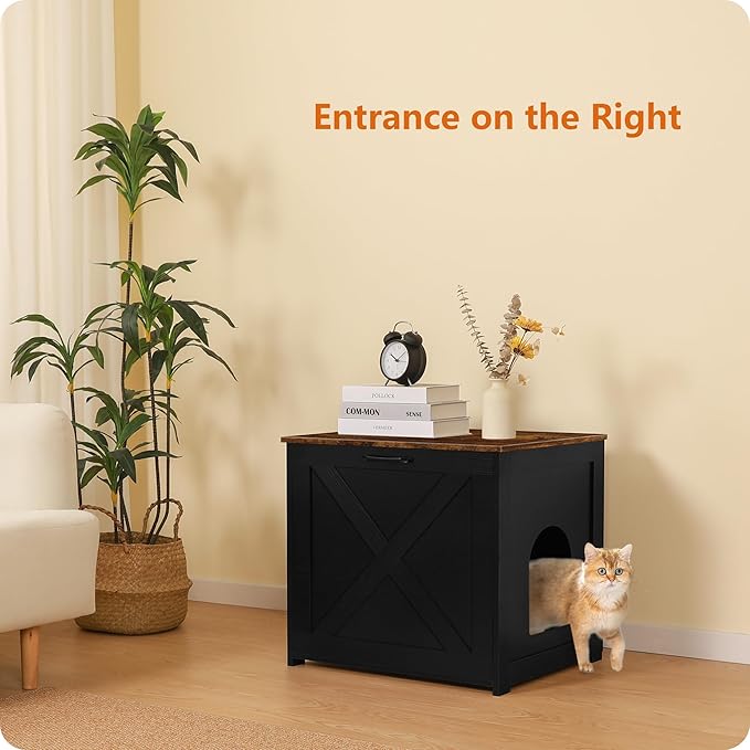 Dwanton Cat Litter Box Furniture Hidden, Cat Litter Box Enclosure, Reversible Entrance Can Be on Left or Right Side, Indoor Cabinet, Wooden Washroom, Nightstand, Black and Rustic Brown, 23.6" L