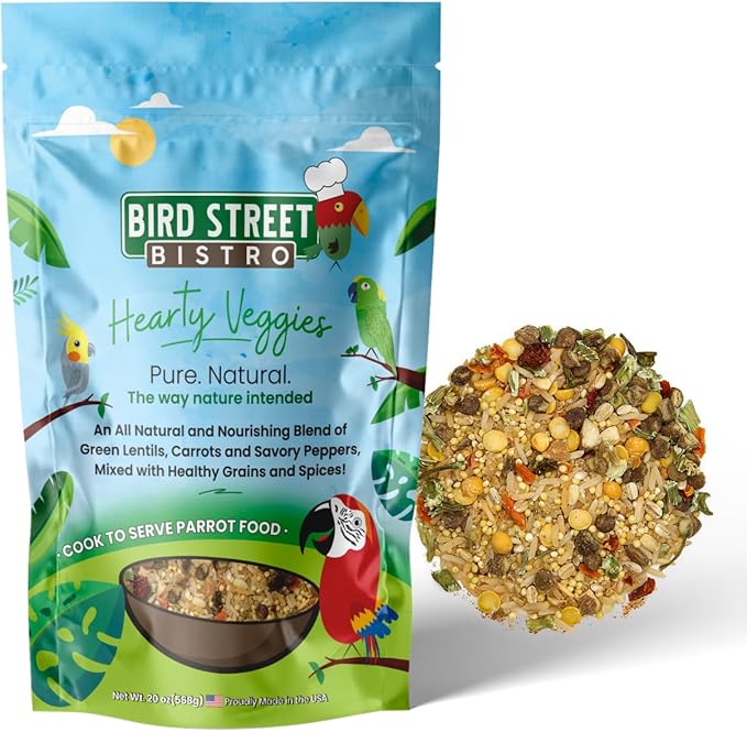 Bird Street Bistro Parrot Food for Parakeets & Cockatiels - Hearty Veggies - 20 oz - Cooks in 3-15 min, Natural Grains, Fruits & Vegetables - USA Made