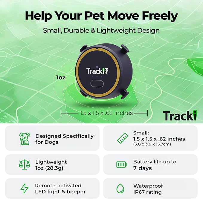 Tracki Dog GPS Tracker – Real-Time Dog Tracker & Pet Tracker – GPS Tracker for Dogs – Smart Alerts, Geo-Fence, Waterproof, Collar-Compatible – Long-Life Battery – iOS & Android (Subscription Required)