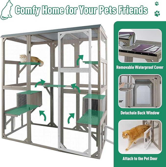 PetsCosset Outdoor Cat Catio Enclosures Large Wooden Cat House Patio for Indoor Cats Feral Cat Shelter with 2 Espace Doors, 2 Resting Rooms, 5 Platforms, Removable Waterproof Cover 67.7" H