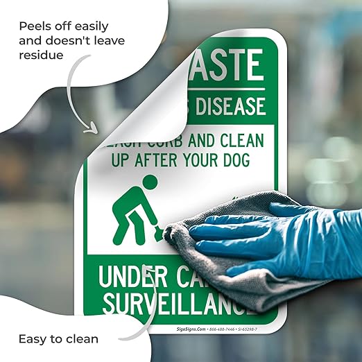 Pet Waste Leash-Curb and Clean Up After Your Dog Under Camera Surveillance Sign, 10x7 Inches, 4 Mil Vinyl Decal Stickers Weather Resistant, Made in USA