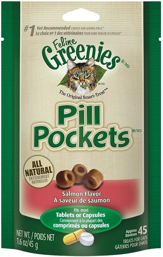 Greenies Feline Pill Pockets for Cats Natural Soft Cat Treats, Salmon Flavor, 1.6 oz. Pouch (45 Treats)