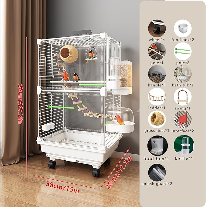 Bird Cage,Large Parrot Cage with Acrylic Doors, 3-Tier Movable Birdcage Parakeet Cage w/Wheels, 360° View Spacious Interactive Bird House (White, Automatic Food Container and Water Bottle)